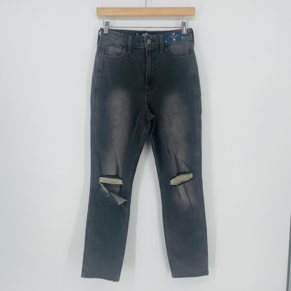 Hollister Ultra High-Rise Mom Jeans Faded Black Ripped Knee W25 L27 1R NEW